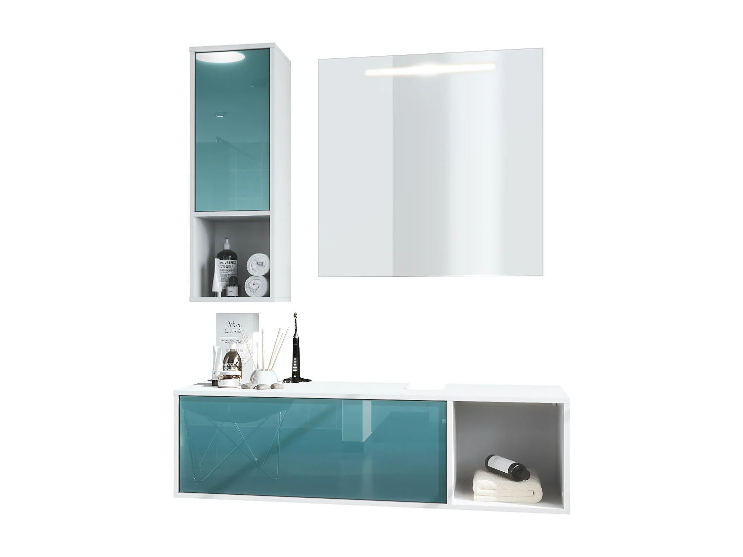 Ensemble de meubles de bains La Costa, Corps en Blanc mat, Façades en Turquoise haute brillance, avec Miroir LED