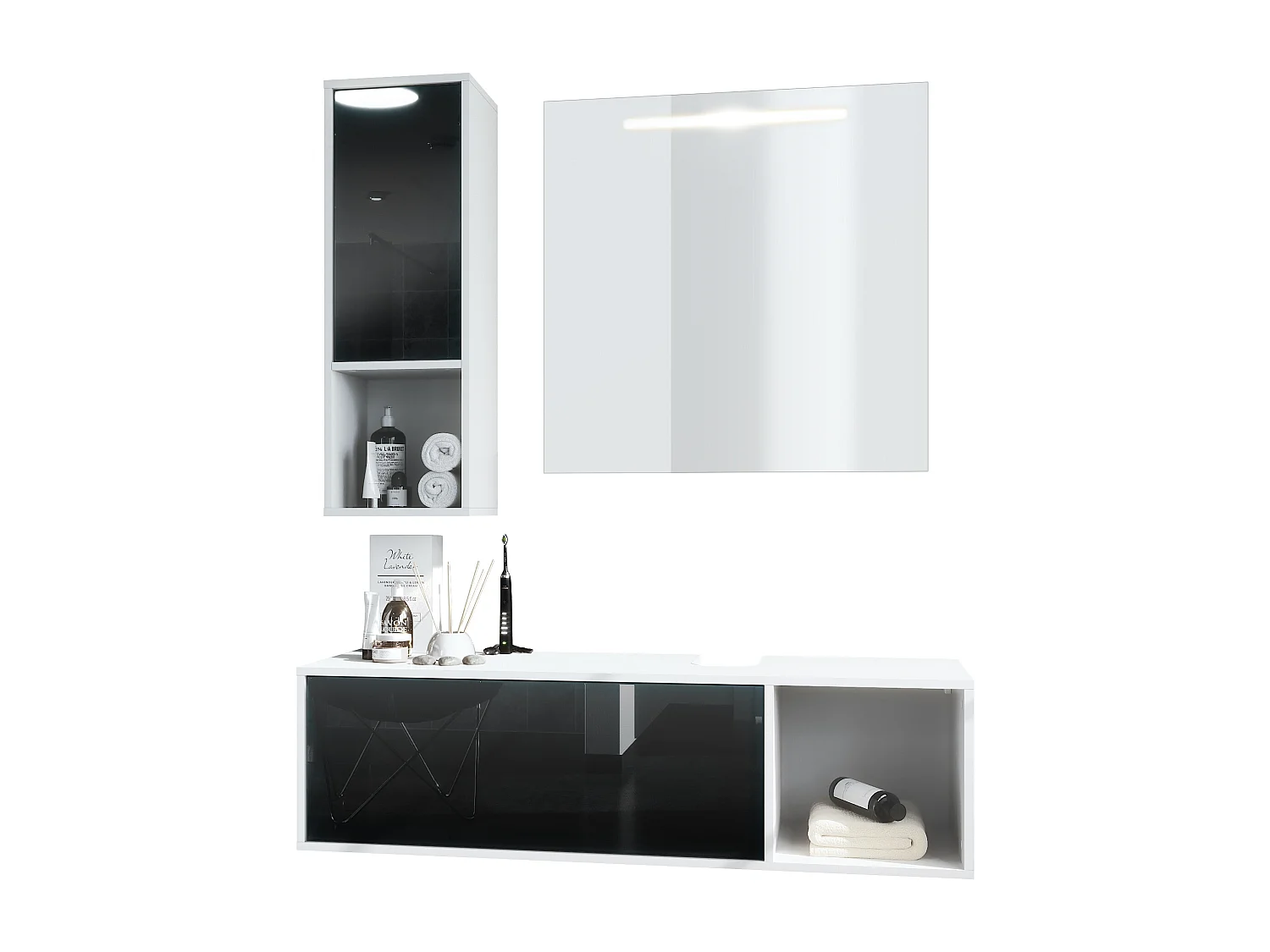 Ensemble de meubles de bains La Costa, Corps en Blanc mat, Façades en Noir haute brillance, avec Miroir LED