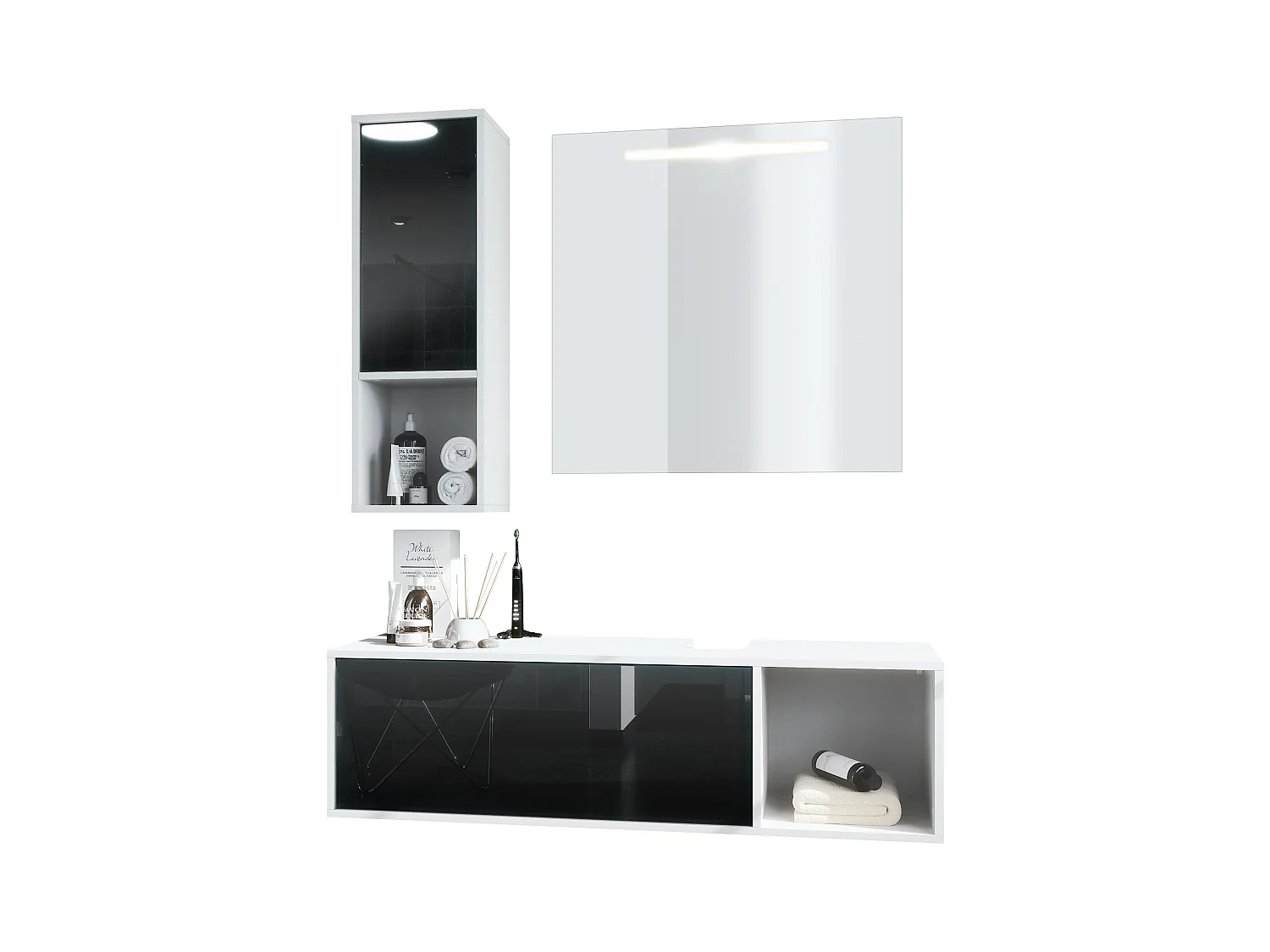 Ensemble de meubles de bains La Costa, Corps en Blanc mat, Façades en Noir haute brillance, avec Miroir LED
