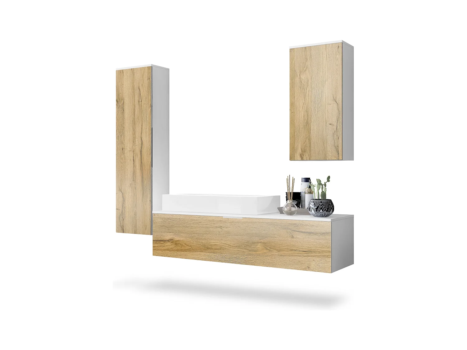 Ensemble de Meubles de Bains Beach, Corps en Blanc Mat/Façades en Chêne nature avec Vasque à poser