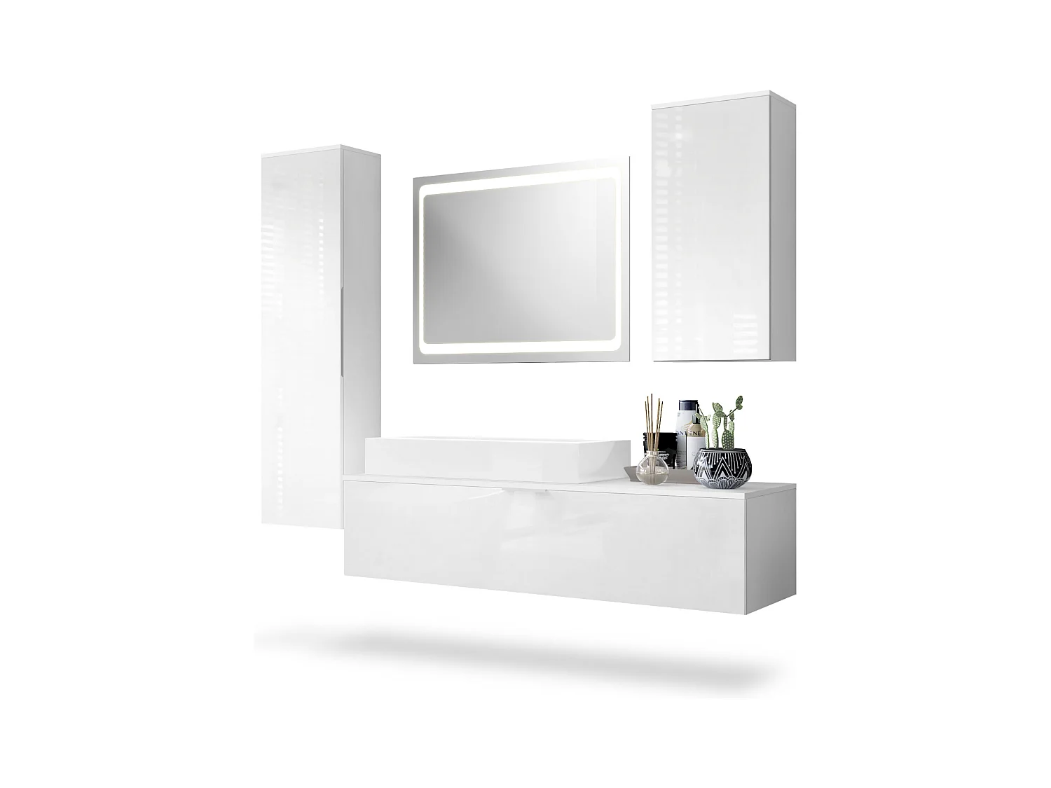 Ensemble de Meubles de Bains Beach, Corps en Blanc Mat/Façades en Blanc haute brillance avec Vasque à poser et Miroir LED