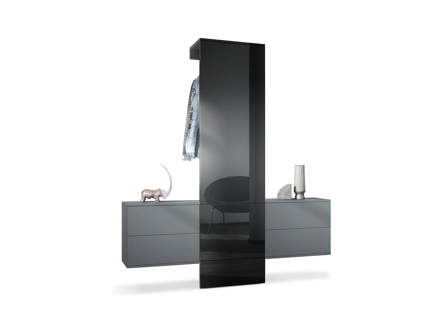 Vestiaire Garderobe Carlton Set 3, Corps en anthracite mat / Panneau portemanteau en noir haute brillance (157 x 193 x 35 cm)