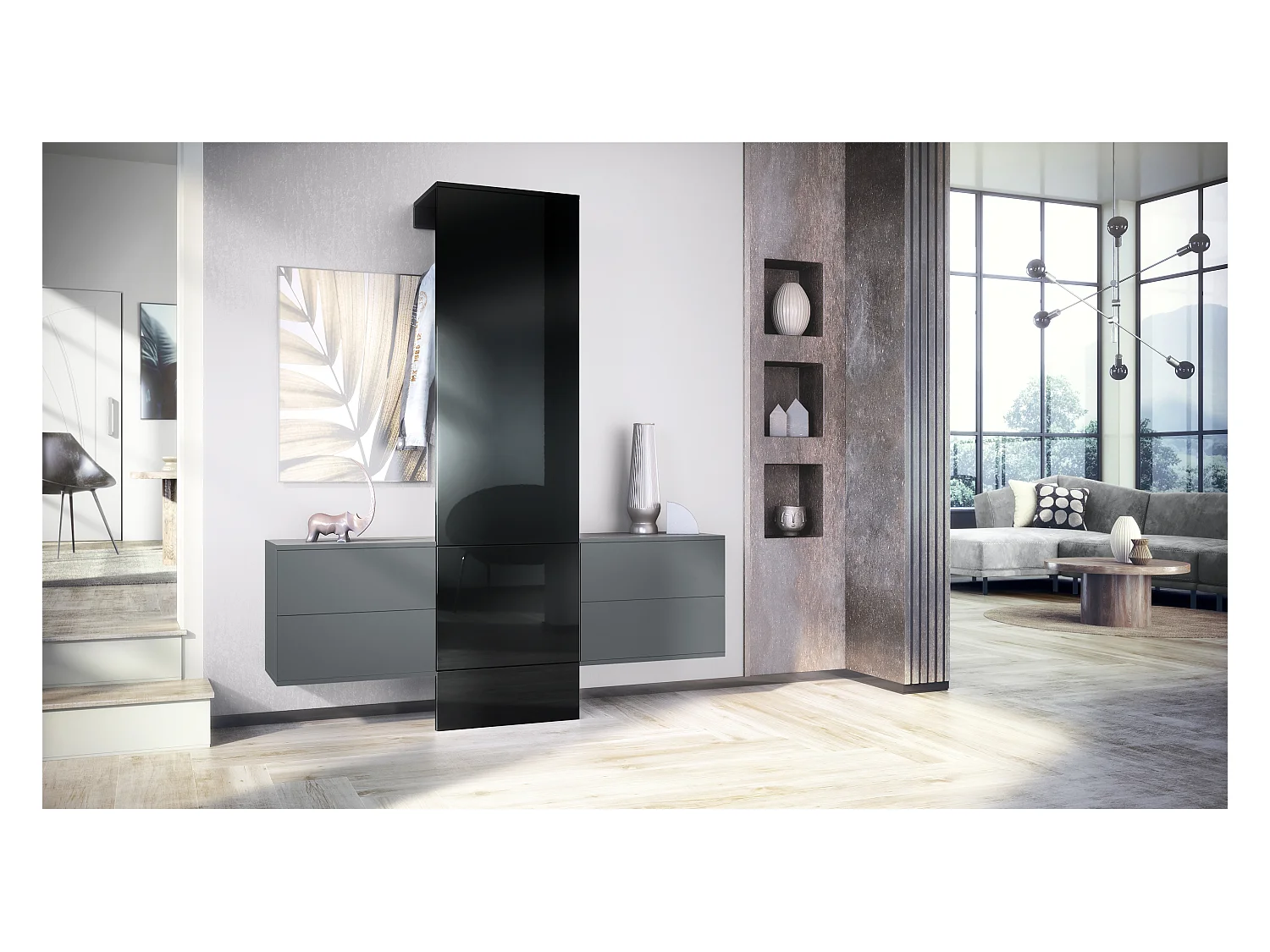 Vestiaire Garderobe Carlton Set 3, Corps en anthracite mat / Panneau portemanteau en noir haute brillance (157 x 193 x 35 cm)