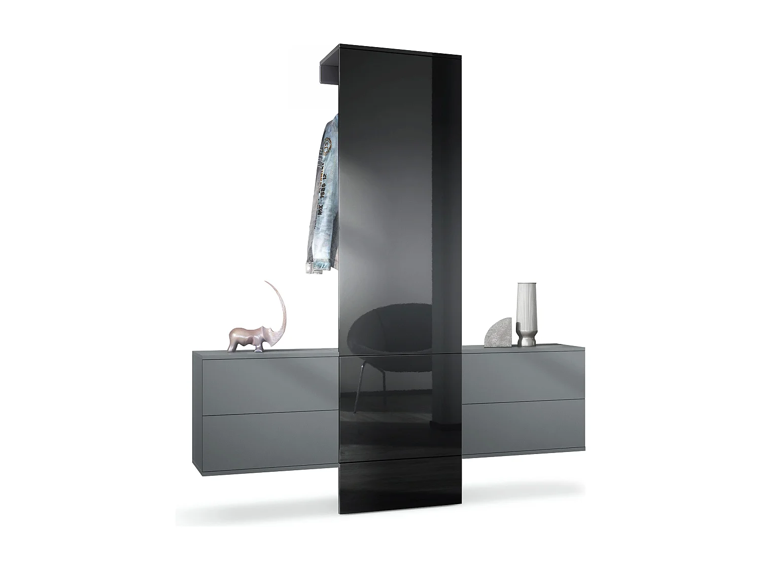 Vestiaire Garderobe Carlton Set 3, Corps en anthracite mat / Panneau portemanteau en noir haute brillance (157 x 193 x 35 cm)