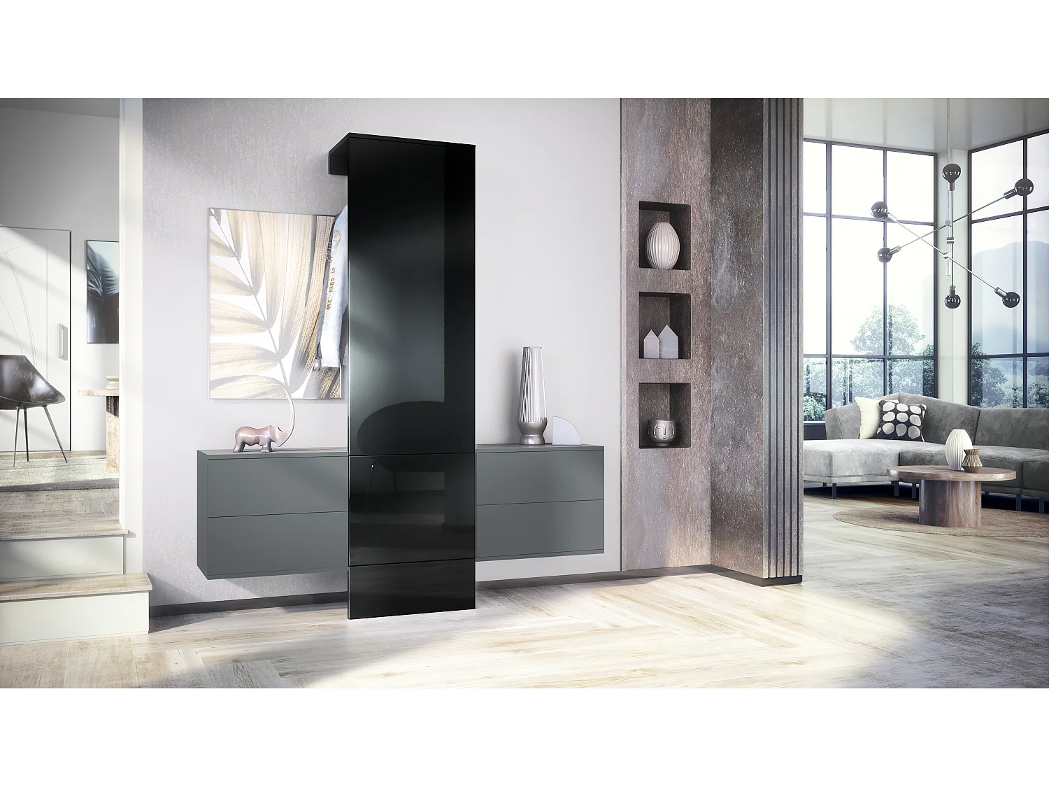 Vestiaire Garderobe Carlton Set 3, Corps en anthracite mat / Panneau portemanteau en noir haute brillance (157 x 193 x 35 cm)