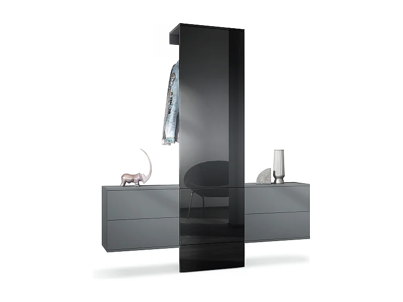 Vestiaire Garderobe Carlton Set 3, Corps en anthracite mat / Panneau portemanteau en noir haute brillance (157 x 193 x 35 cm)