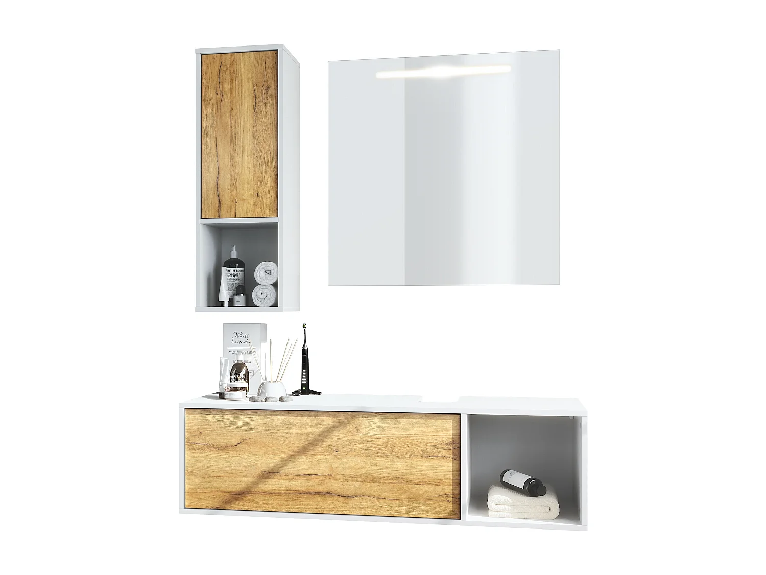 Ensemble de meubles de bains La Costa, Corps en Blanc mat, Façades en Chêne Nature, avec Miroir LED