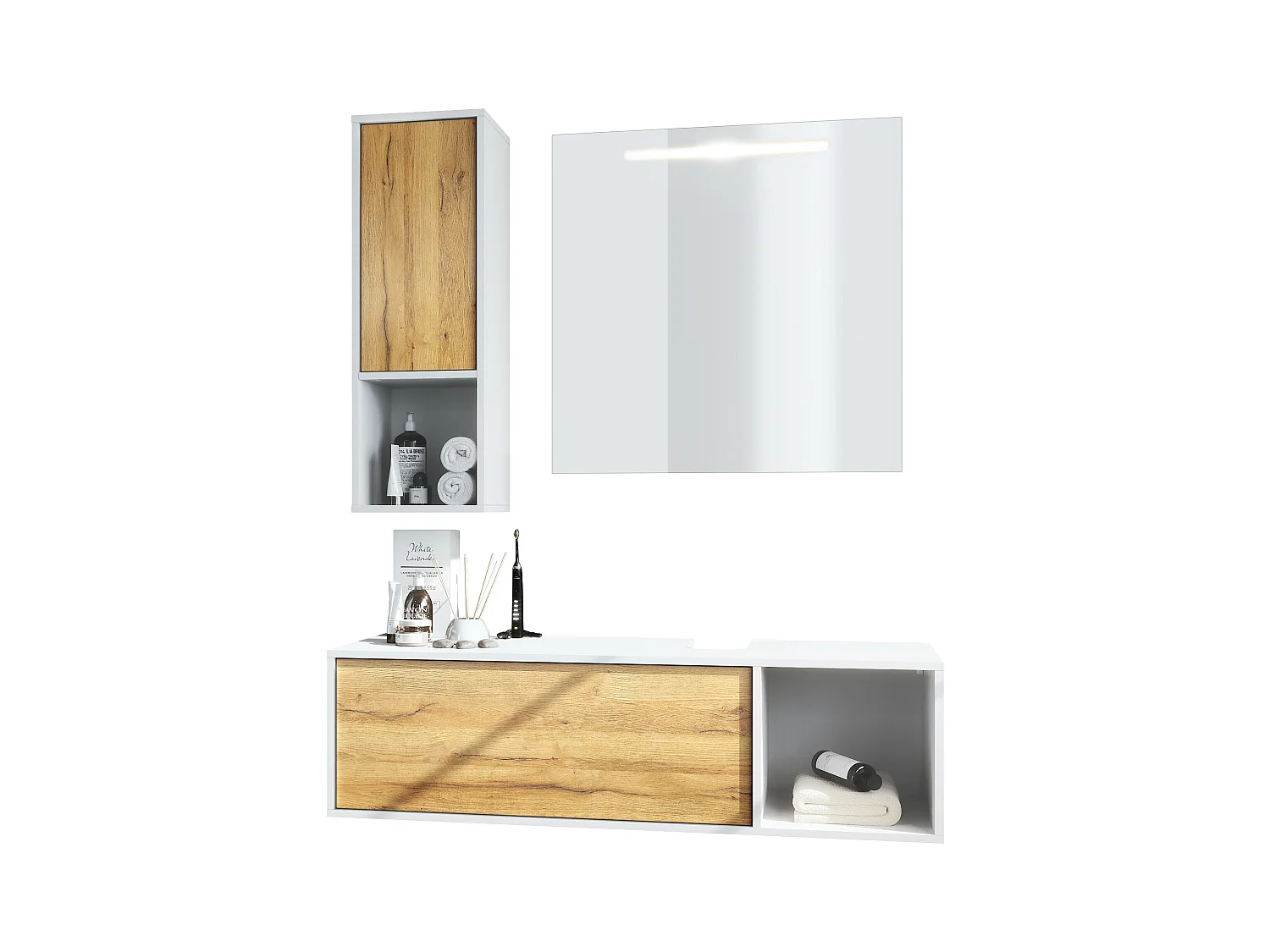 Ensemble de meubles de bains La Costa, Corps en Blanc mat, Façades en Chêne Nature, avec Miroir LED