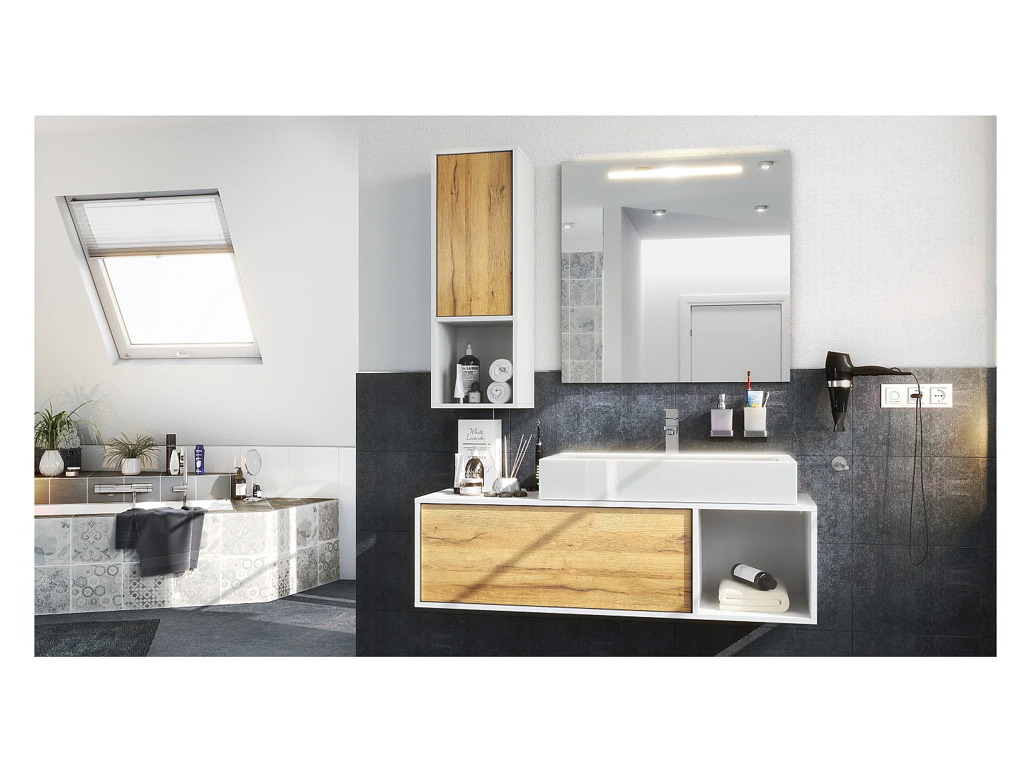 Ensemble de meubles de bains La Costa, Corps en Blanc mat, Façades en Chêne Nature, avec Vasque à poser, Robinet et Miroir LED