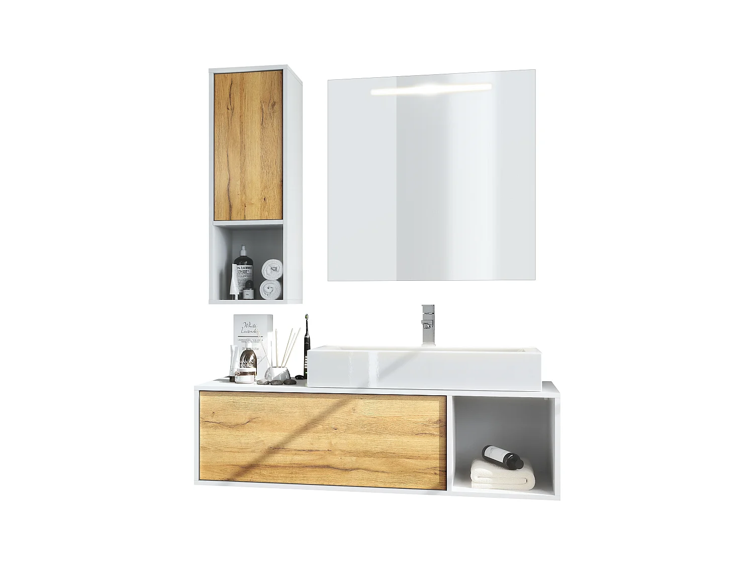 Ensemble de meubles de bains La Costa, Corps en Blanc mat, Façades en Chêne Nature, avec Vasque à poser, Robinet et Miroir LED