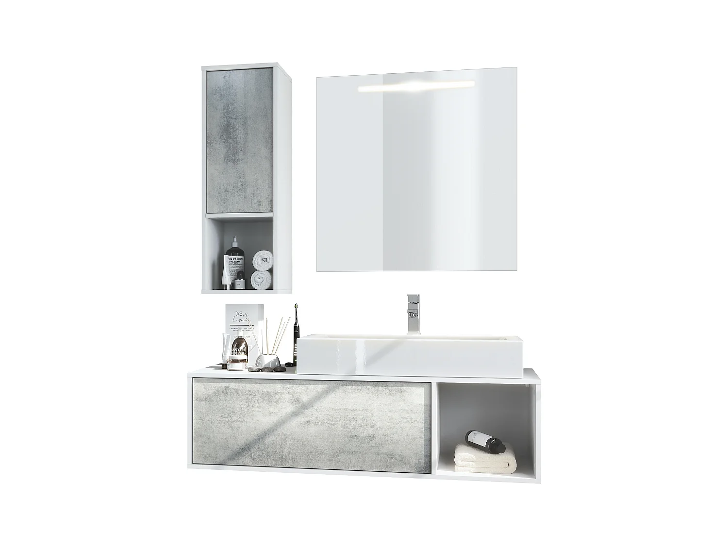 Ensemble de meubles de bains La Costa, Corps en Blanc mat, Façades en Aspect Béton oxyde, avec Vasque à poser, Robinet et Miroir LED