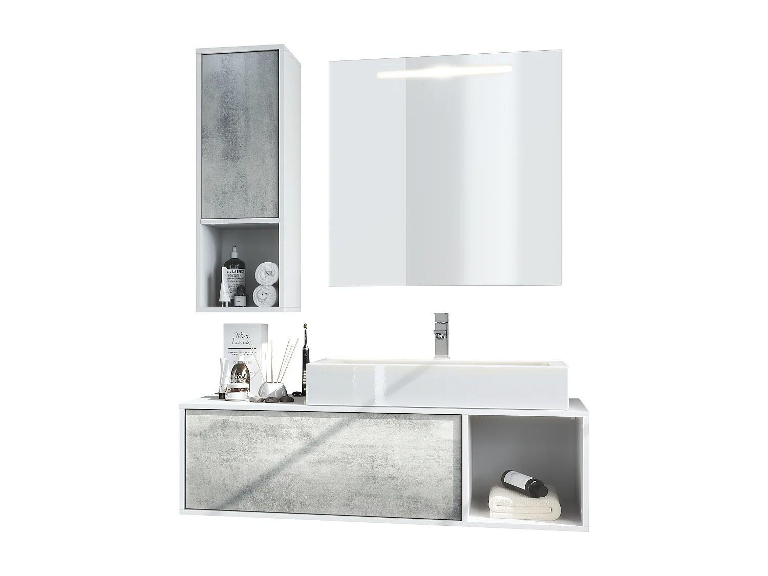 Ensemble de meubles de bains La Costa, Corps en Blanc mat, Façades en Aspect Béton oxyde, avec Vasque à poser, Robinet et Miroir LED
