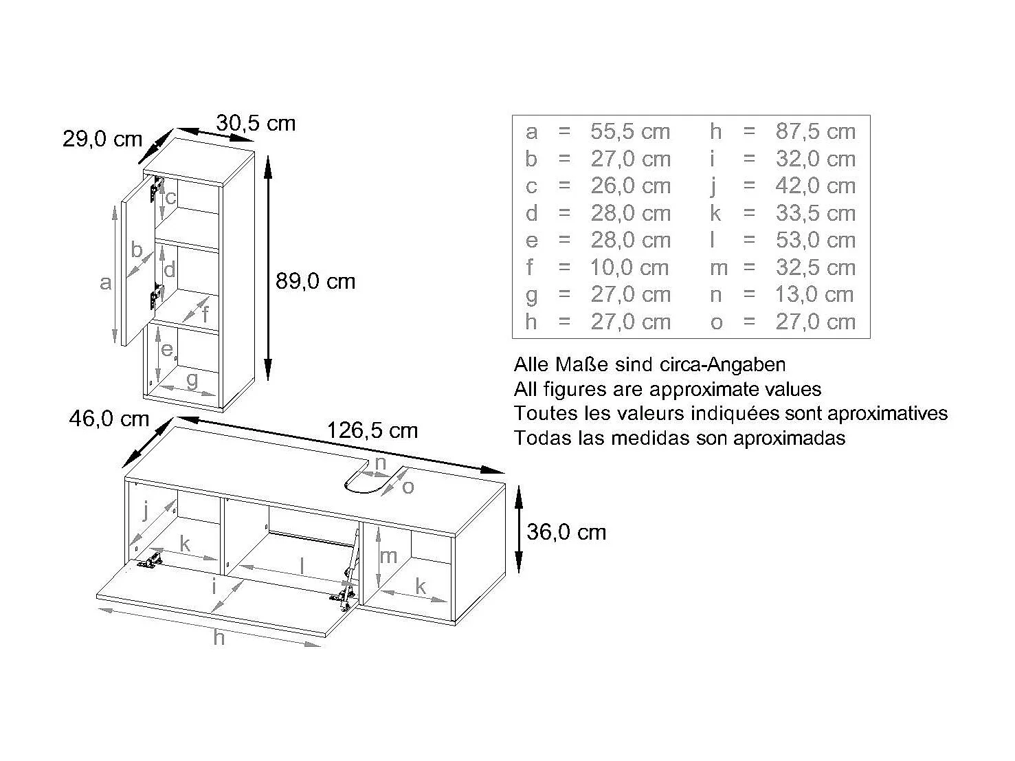Ensemble de meubles de bains La Costa, Corps en Blanc mat, Façades en Aspect Béton oxyde, avec Vasque à poser, Robinet et Miroir LED