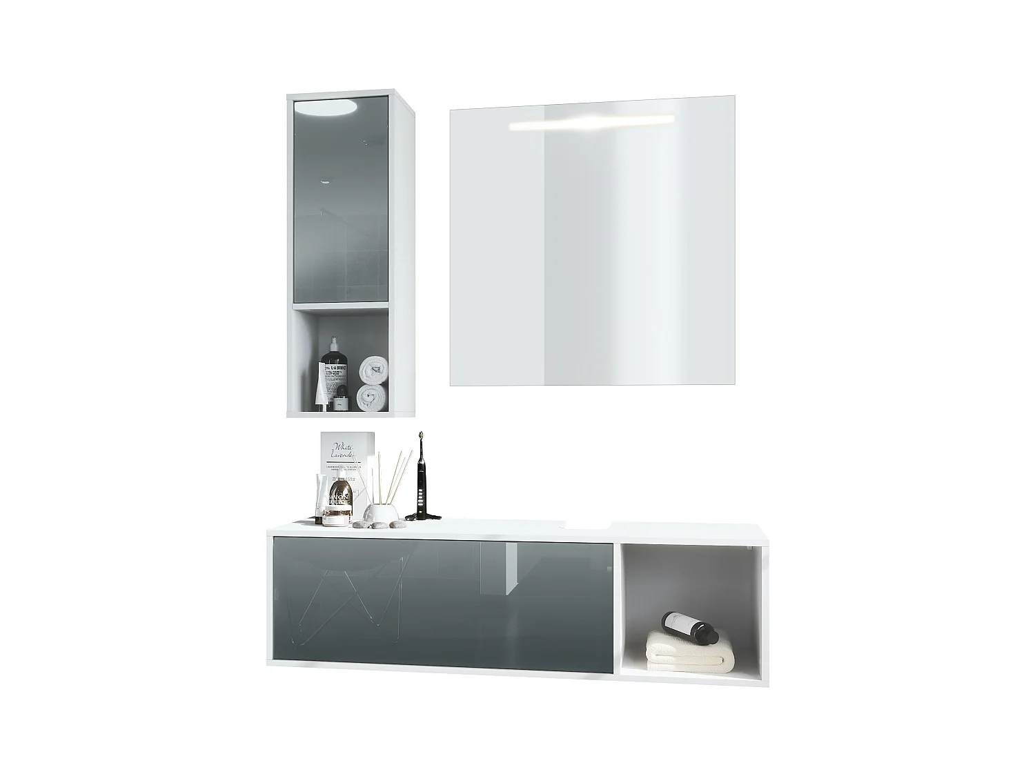 Ensemble de meubles de bains La Costa, Corps en Blanc mat, Façades en Gris haute brillance, avec Miroir LED