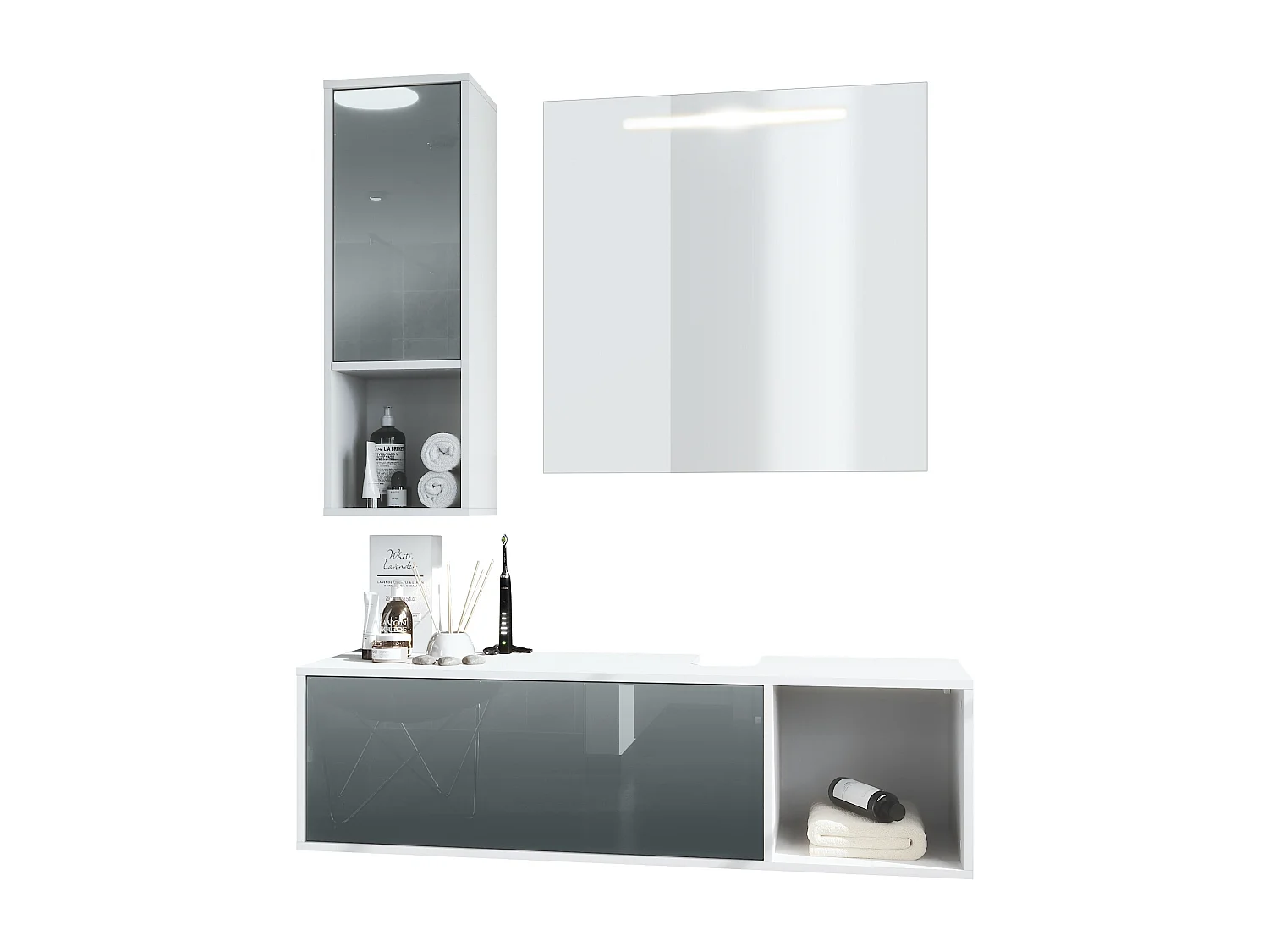 Ensemble de meubles de bains La Costa, Corps en Blanc mat, Façades en Gris haute brillance, avec Miroir LED