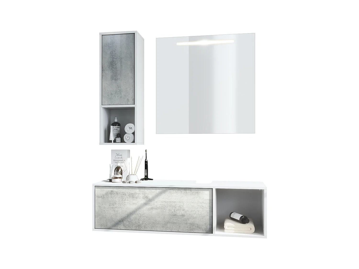 Ensemble de meubles de bains La Costa, Corps en Blanc mat, Façades en Aspect Béton oxyde, avec Miroir LED