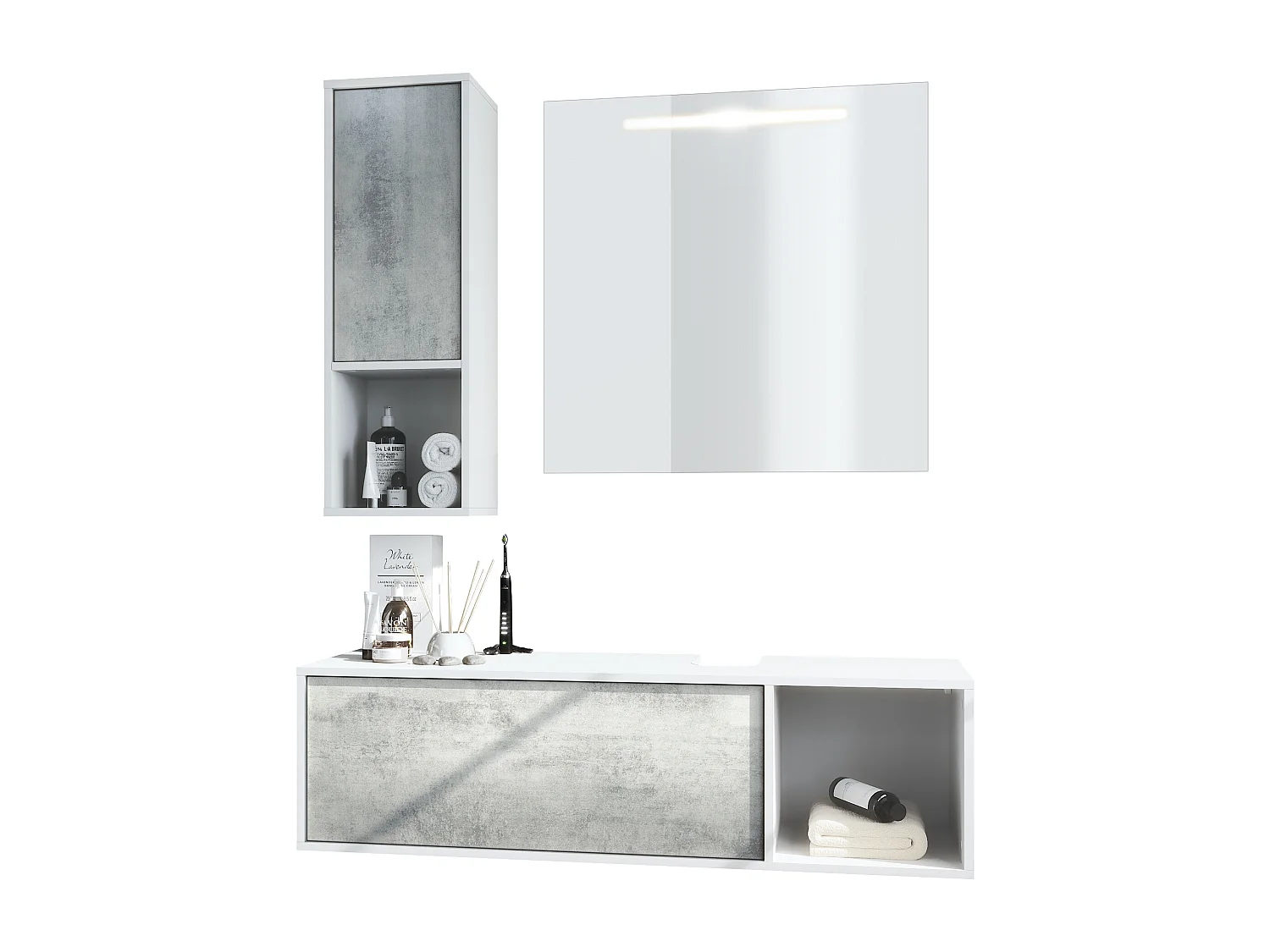 Ensemble de meubles de bains La Costa, Corps en Blanc mat, Façades en Aspect Béton oxyde, avec Miroir LED