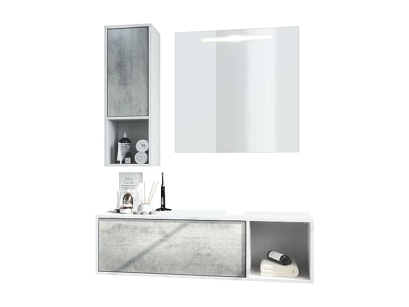 Conjunto de muebles para baño La Costa, cuerpo en blanco mate / Frentes en hormigón oxidado, con espejo LED