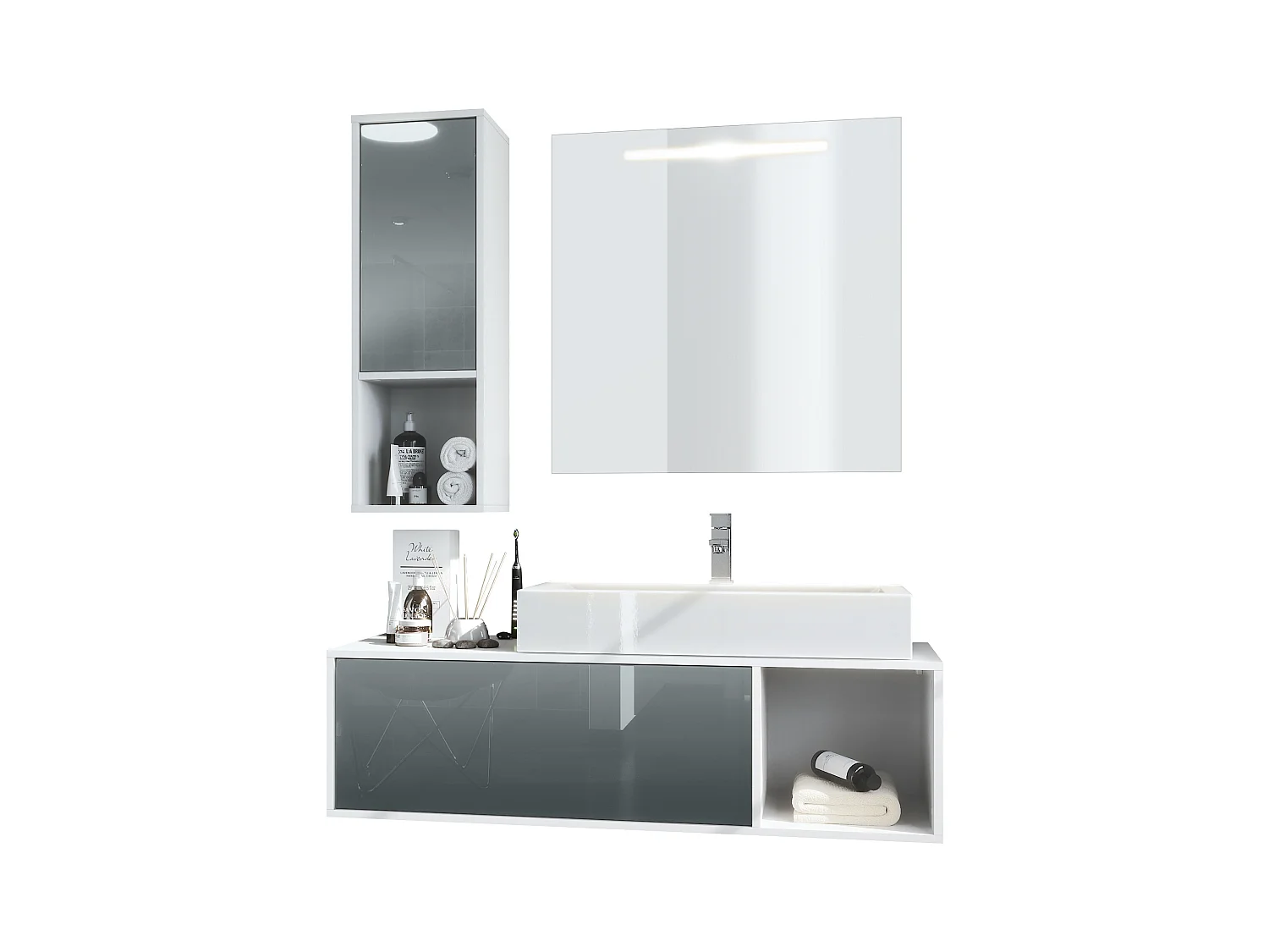 Ensemble de meubles de bains La Costa, Corps en Blanc mat, Façades en Gris haute brillance, avec Vasque à poser, Robinet et Miroir LED