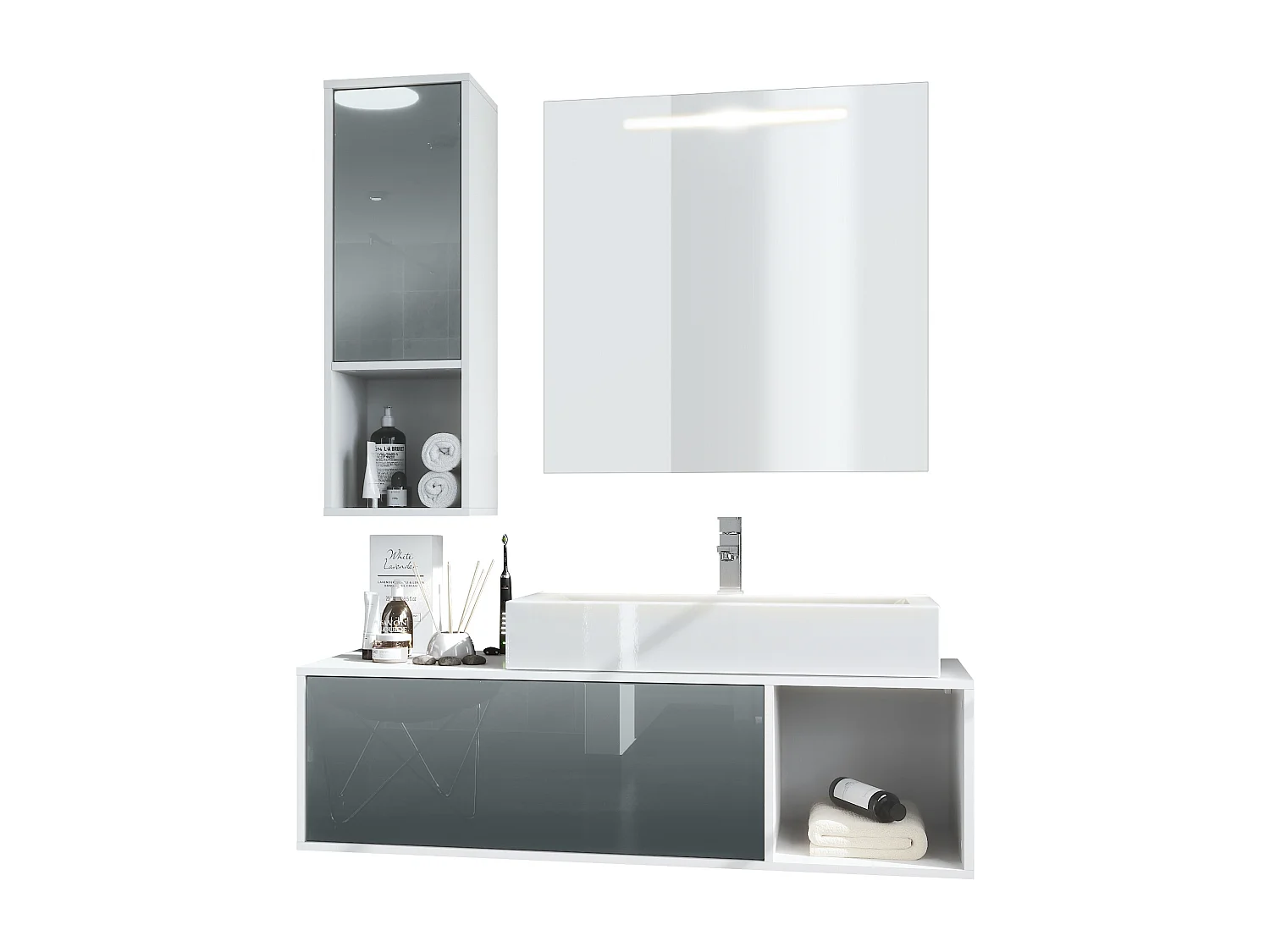 Ensemble de meubles de bains La Costa, Corps en Blanc mat, Façades en Gris haute brillance, avec Vasque à poser, Robinet et Miroir LED