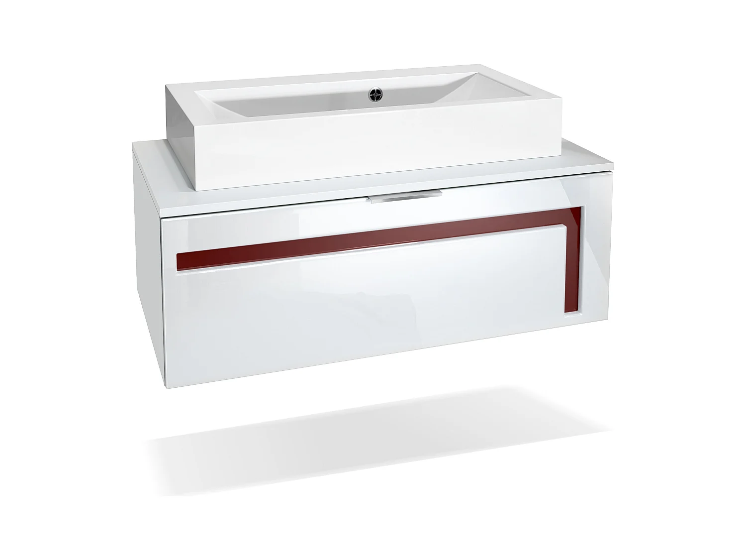 Meuble sous vasque Lavabo Aloha V2, Corps en Blanc mat / Façades en Blanc haute brillance avec un décor en Bordeaux haute brillance, avec Vasque à poser