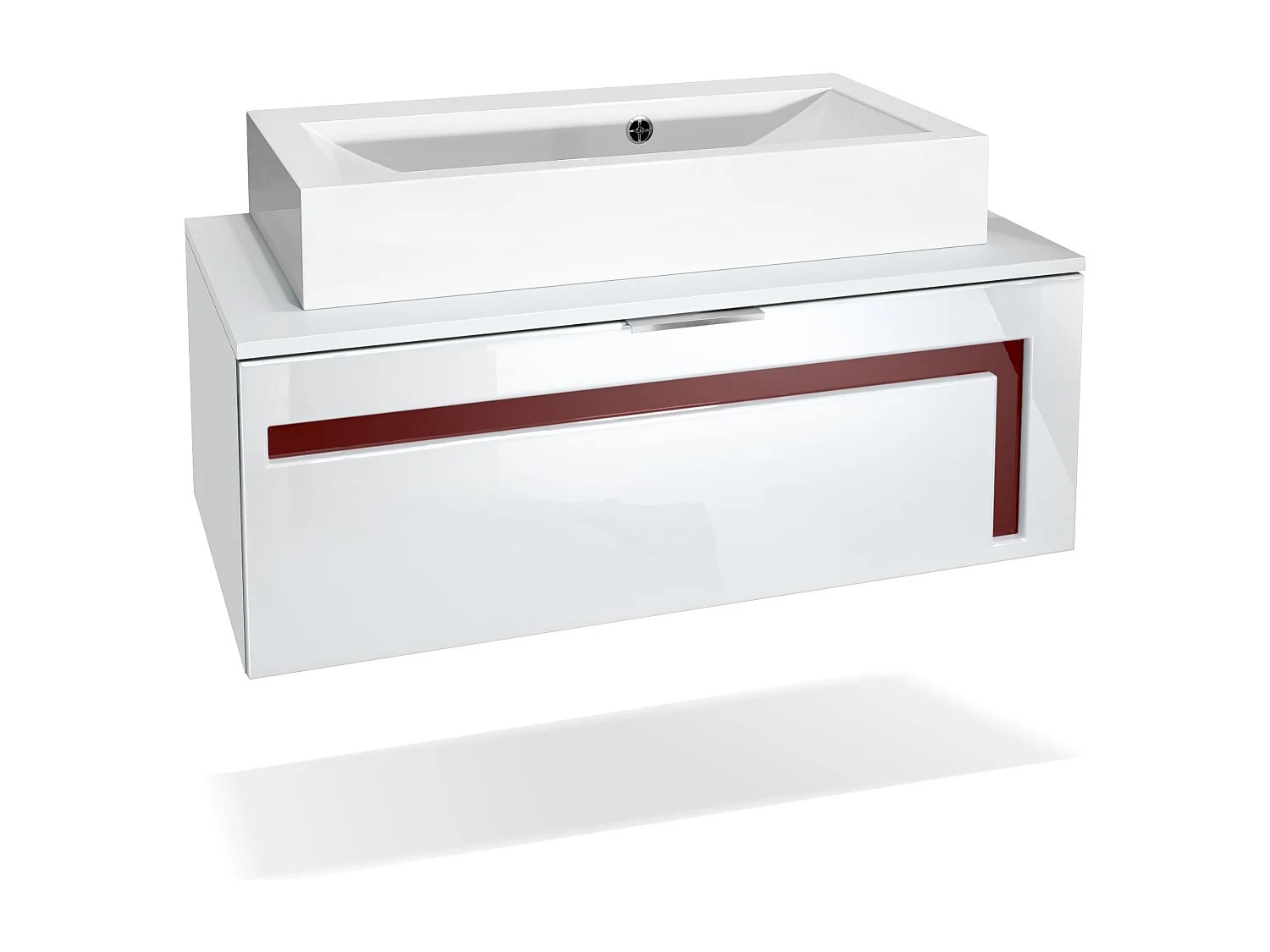 Mobile da bagno Aloha V2, struttura in bianco opaco / frontali in bianco lucido con sfalsature in bordeaux lucido, con lavabo d'appoggio