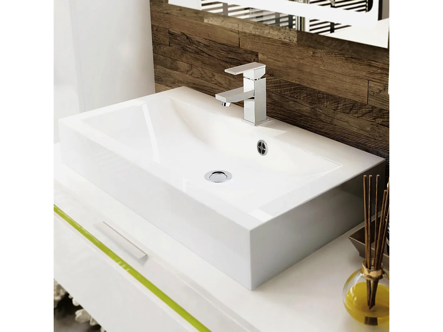 Mobile da bagno Aloha V2, struttura in bianco opaco / frontali in bianco lucido con sfalsature in bordeaux lucido, con lavabo d'appoggio