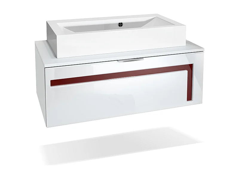 Meuble sous vasque Lavabo Aloha V2, Corps en Blanc mat / Façades en Blanc haute brillance avec un décor en Bordeaux haute brillance, avec Vasque à poser