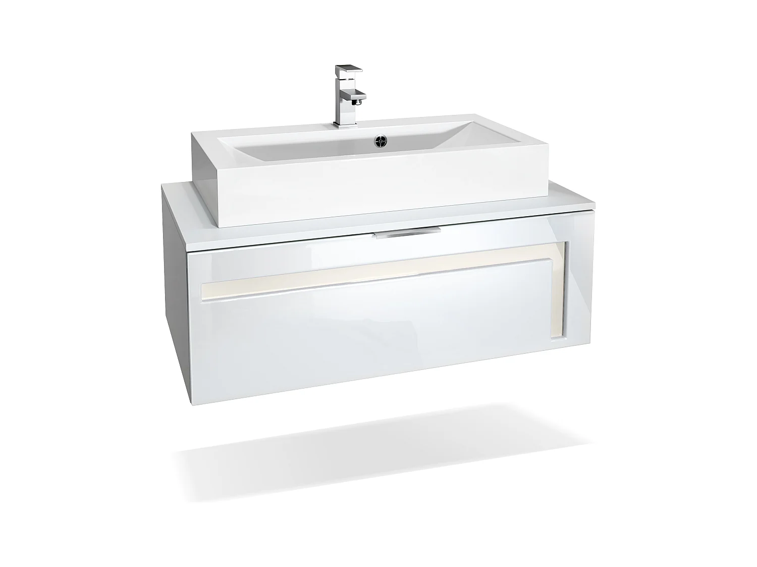 Meuble sous vasque Lavabo Aloha V2, Corps en Blanc mat / Façades en Blanc brillant avec un décor en Crème haute brillance, avec Vasque à poser et Robinet (M1)