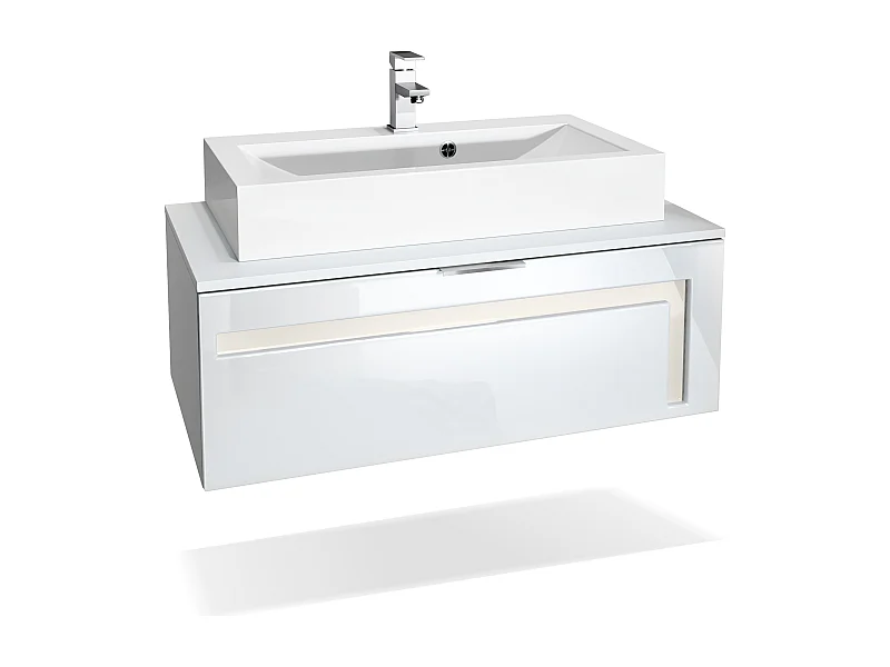 Meuble sous vasque Lavabo Aloha V2, Corps en Blanc mat / Façades en Blanc brillant avec un décor en Crème haute brillance, avec Vasque à poser et Robinet (M1)