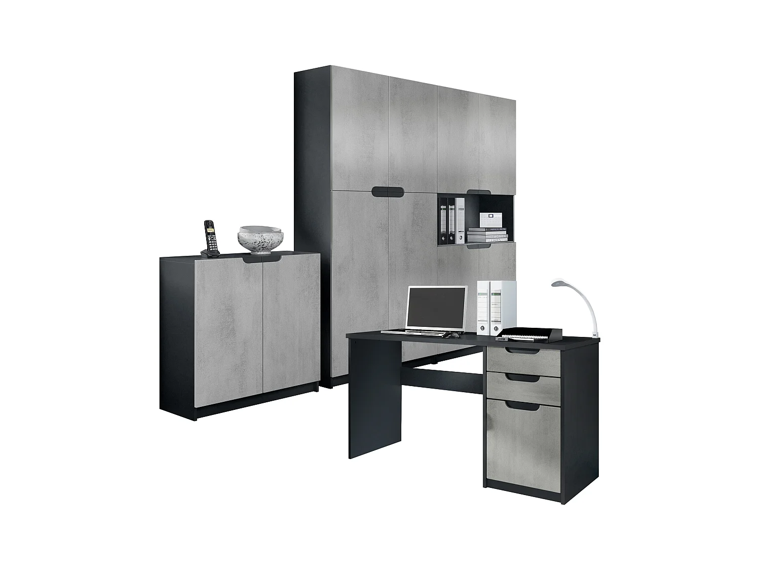 Ensemble de meubles de bureau Armoire Commode Rangement Logan, Corps en noir mat / Façades en aspect béton oxyde