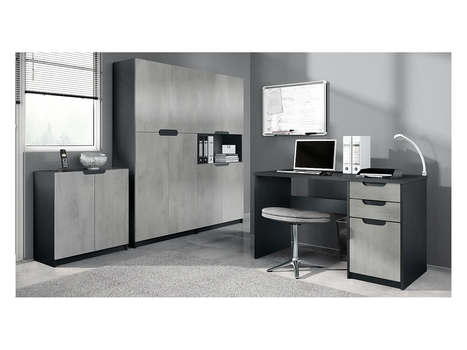 Ensemble de meubles de bureau Armoire Commode Rangement Logan, Corps en noir mat / Façades en aspect béton oxyde