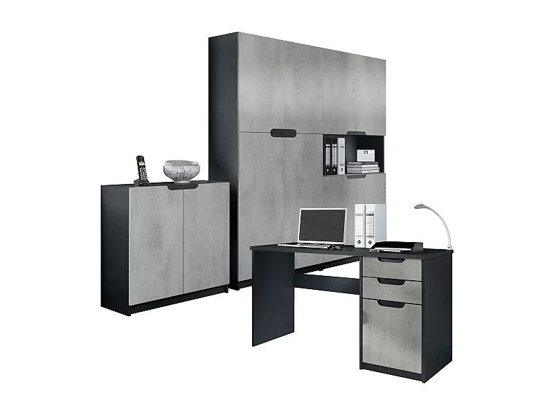 Set di mobili per ufficio Armadio e scrivania Logan, struttura in nero opaco / frontali in ottica cermento ossido
