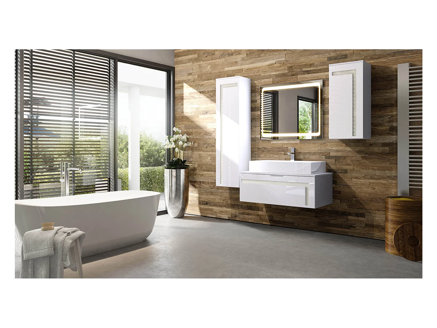 Meuble sous vasque Lavabo Aloha V2, Corps en Blanc mat / Façades en Blanc brillant avec un décor en Blanc brillant, avec Vasque à poser, Robinet (M1) et Miroir LED