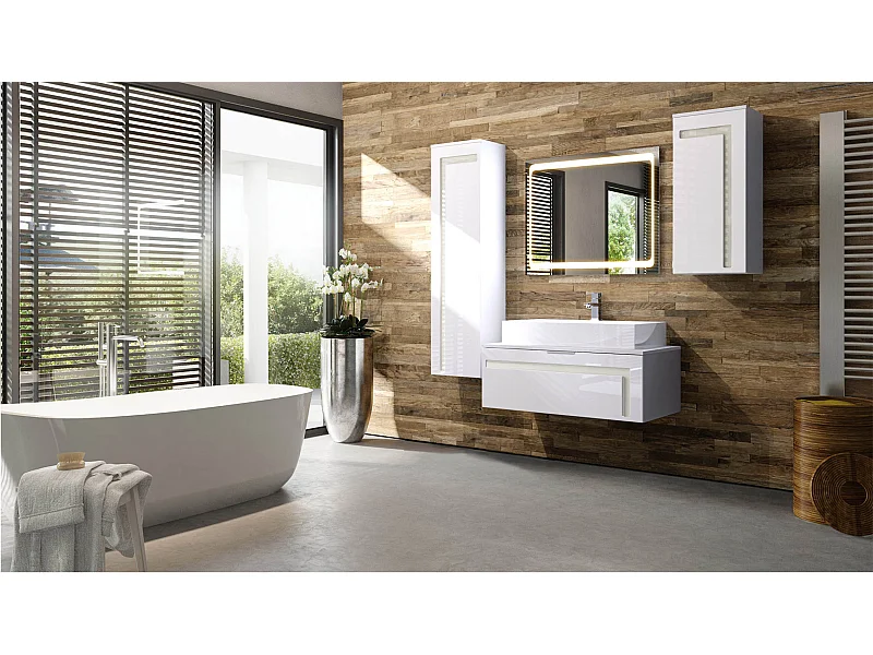 Mueble de Baño Aloha V2, Carcasa en Blanco mate / Frentes en Blanco alto brillo y Laterales en Blanco alto brillo con Lavabo sobre encimera, Grifo (M1) y Espejo LED