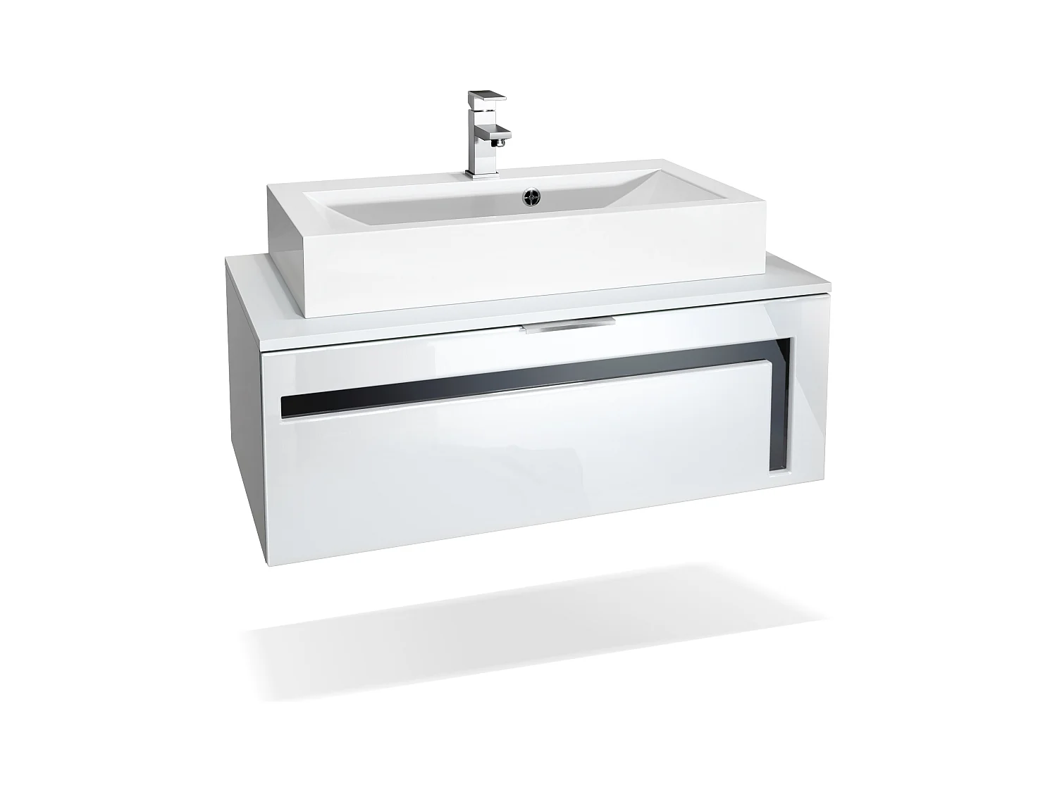 Meuble sous vasque Lavabo Aloha V2, Corps en Blanc mat / Façades en Blanc haute brillance avec un décor en Noir haute brillance, avec Vasque à poser et Robinet (M1)