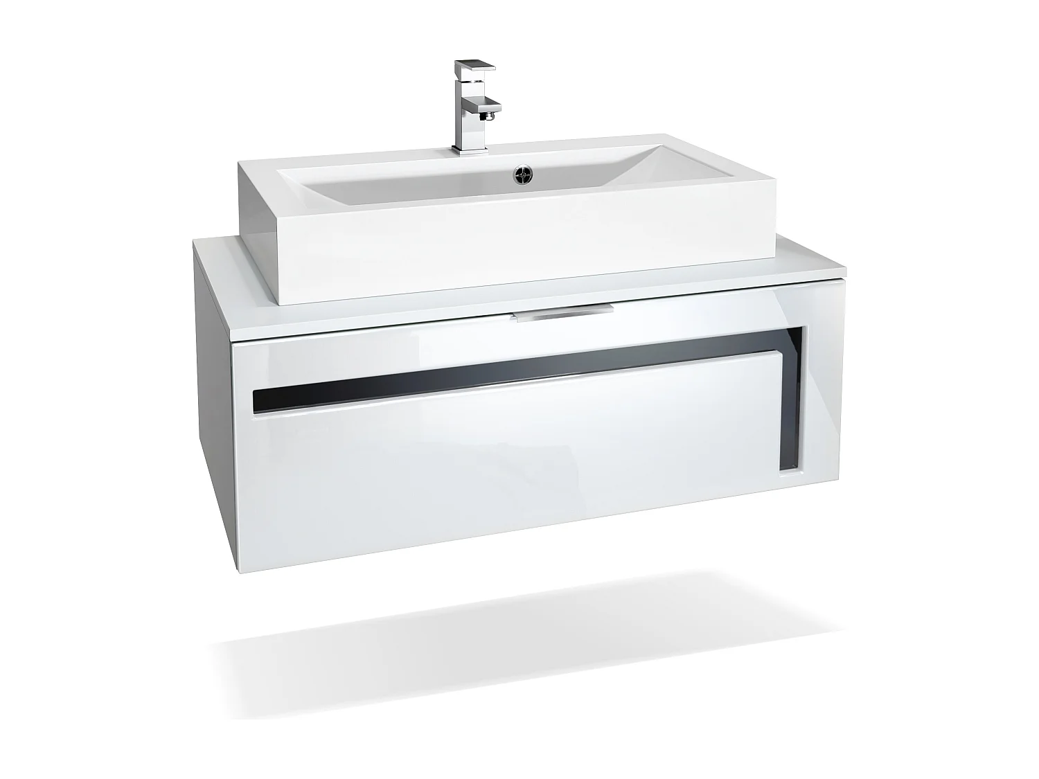 Mobile bagno Aloha V2, struttura in bianco opaco / frontali in bianco lucido e sfalsati in nero lucido con lavabo e rubinetto (M1)