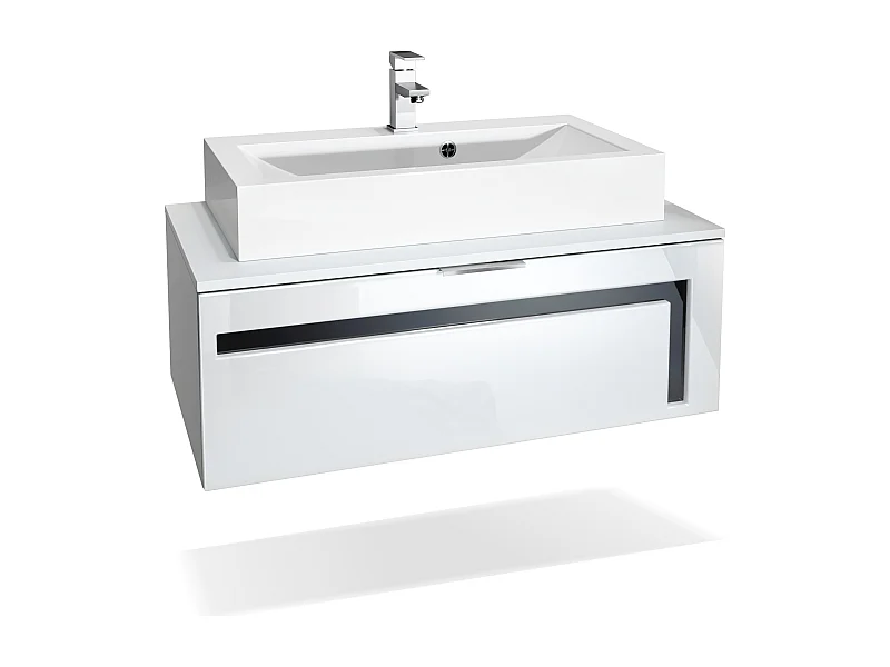 Meuble sous vasque Lavabo Aloha V2, Corps en Blanc mat / Façades en Blanc haute brillance avec un décor en Noir haute brillance, avec Vasque à poser et Robinet (M1)