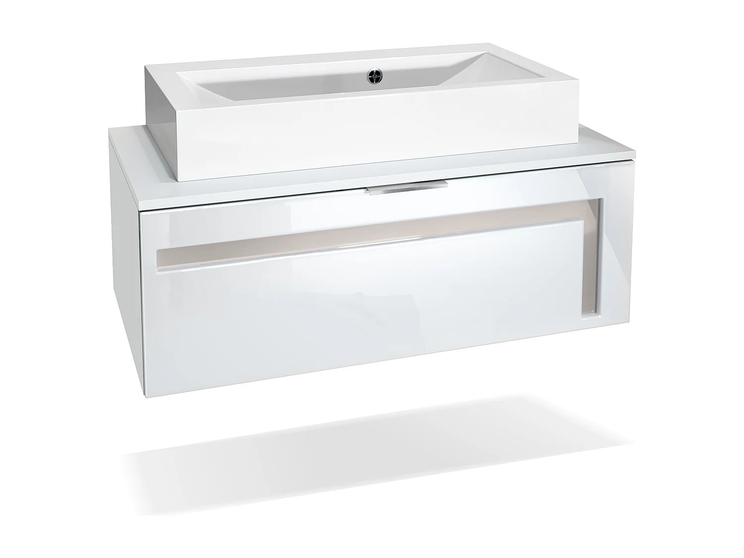 Meuble sous vasque Lavabo Aloha V2, Corps en Blanc mat / Façades en Blanc haute brillance avec un décor en Gris sable haute brillance, avec Vasque à poser