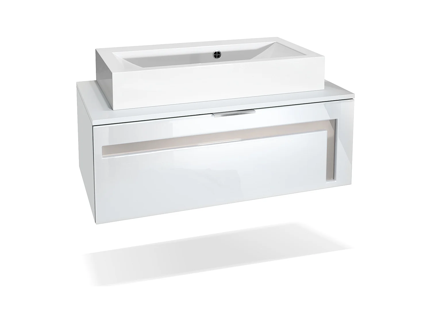 Meuble sous vasque Lavabo Aloha V2, Corps en Blanc mat / Façades en Blanc haute brillance avec un décor en Gris sable haute brillance, avec Vasque à poser