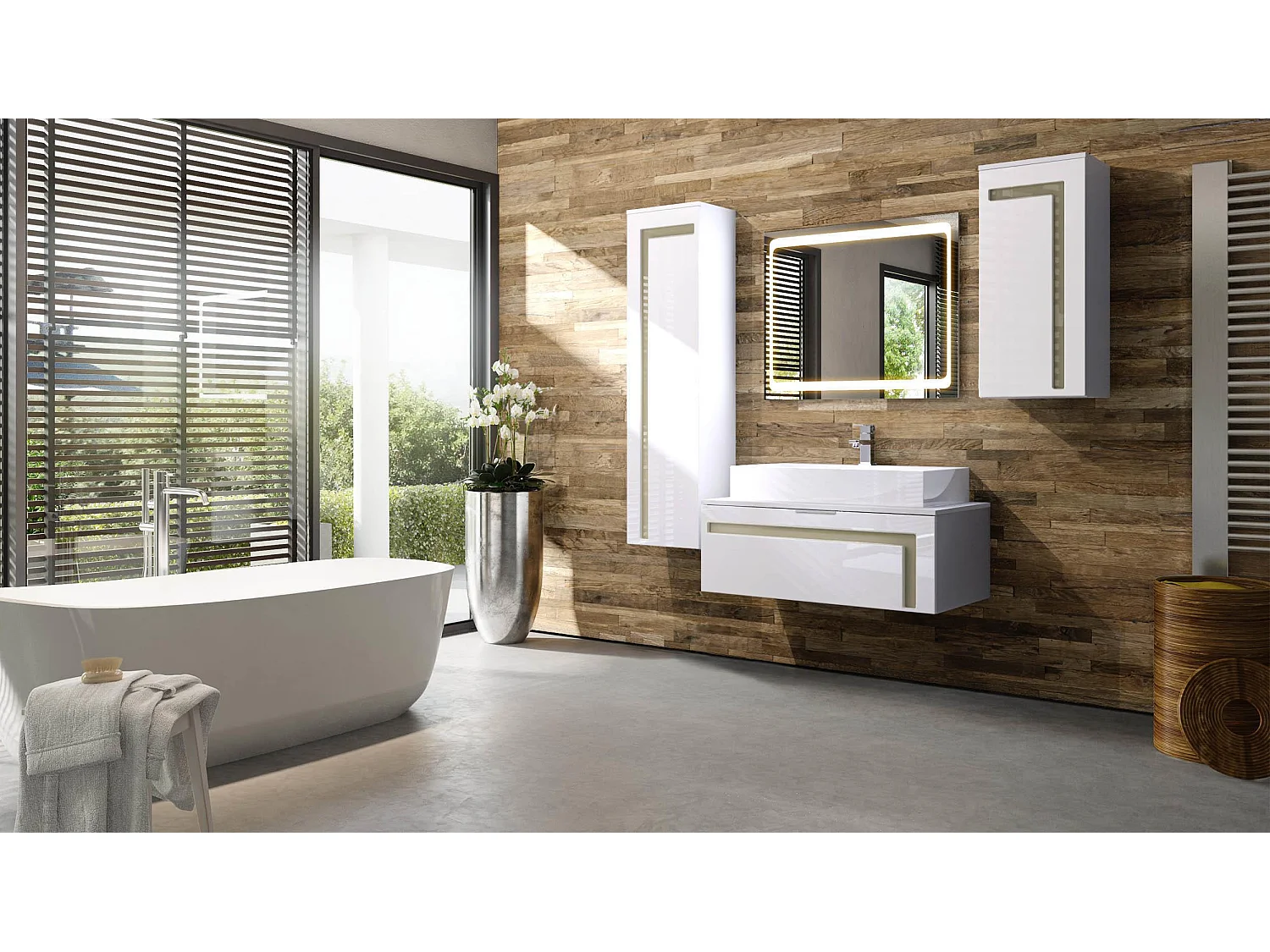 Mobile da bagno Aloha V2, struttura in bianco opaco / frontali in bianco lucido con sfalsature in grigio lucido, con lavabo d'appoggio