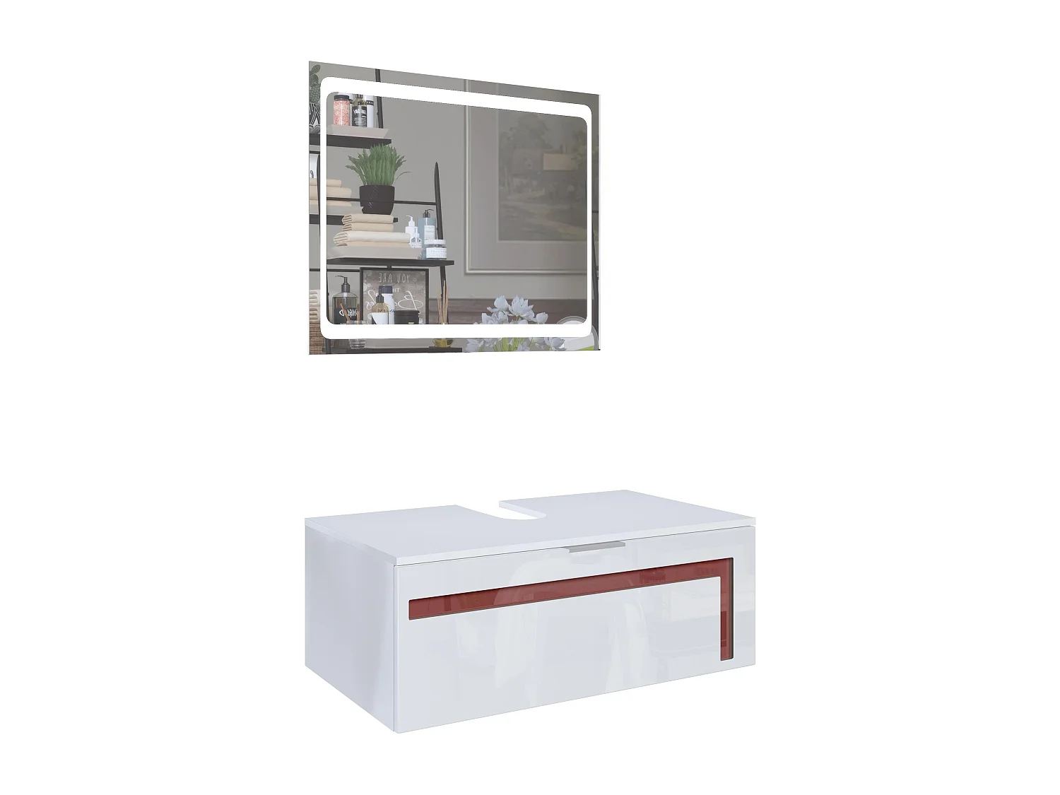 Meuble sous vasque Lavabo Aloha V2, Corps en Blanc mat / Façades en Blanc haute brillance avec un décor en Bordeaux haute brillance, avec Vasque à poser