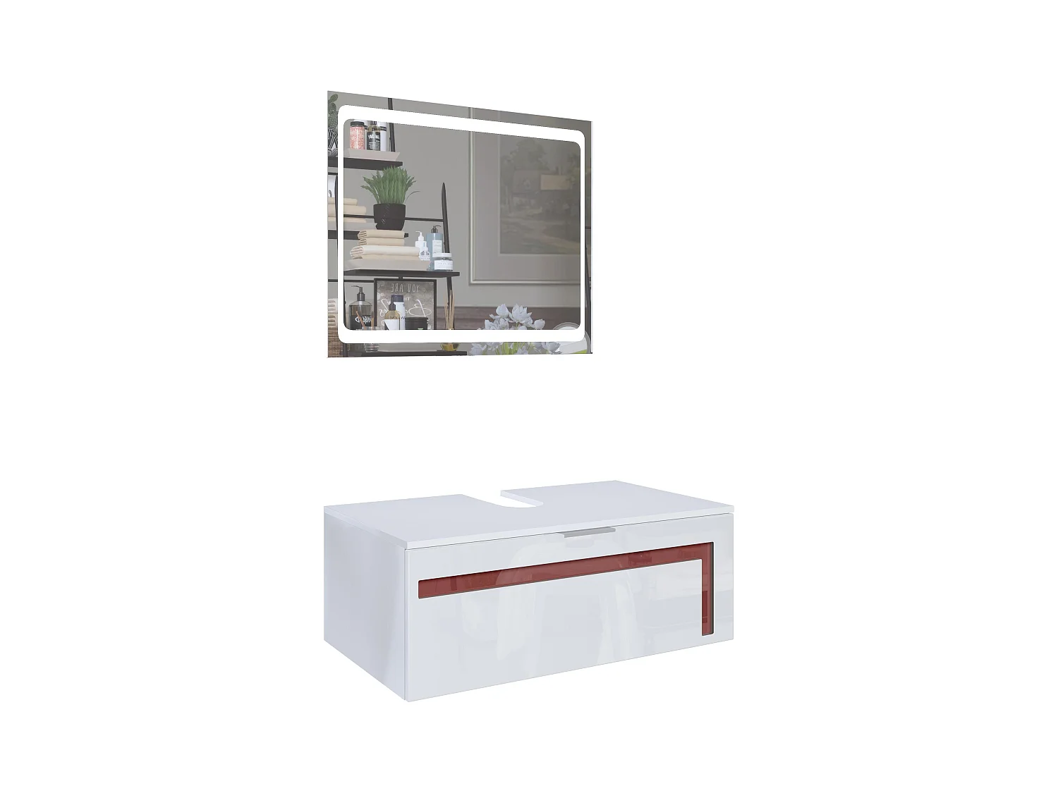 Meuble sous vasque Lavabo Aloha V2, Corps en Blanc mat / Façades en Blanc haute brillance avec un décor en Bordeaux haute brillance, avec Vasque à poser