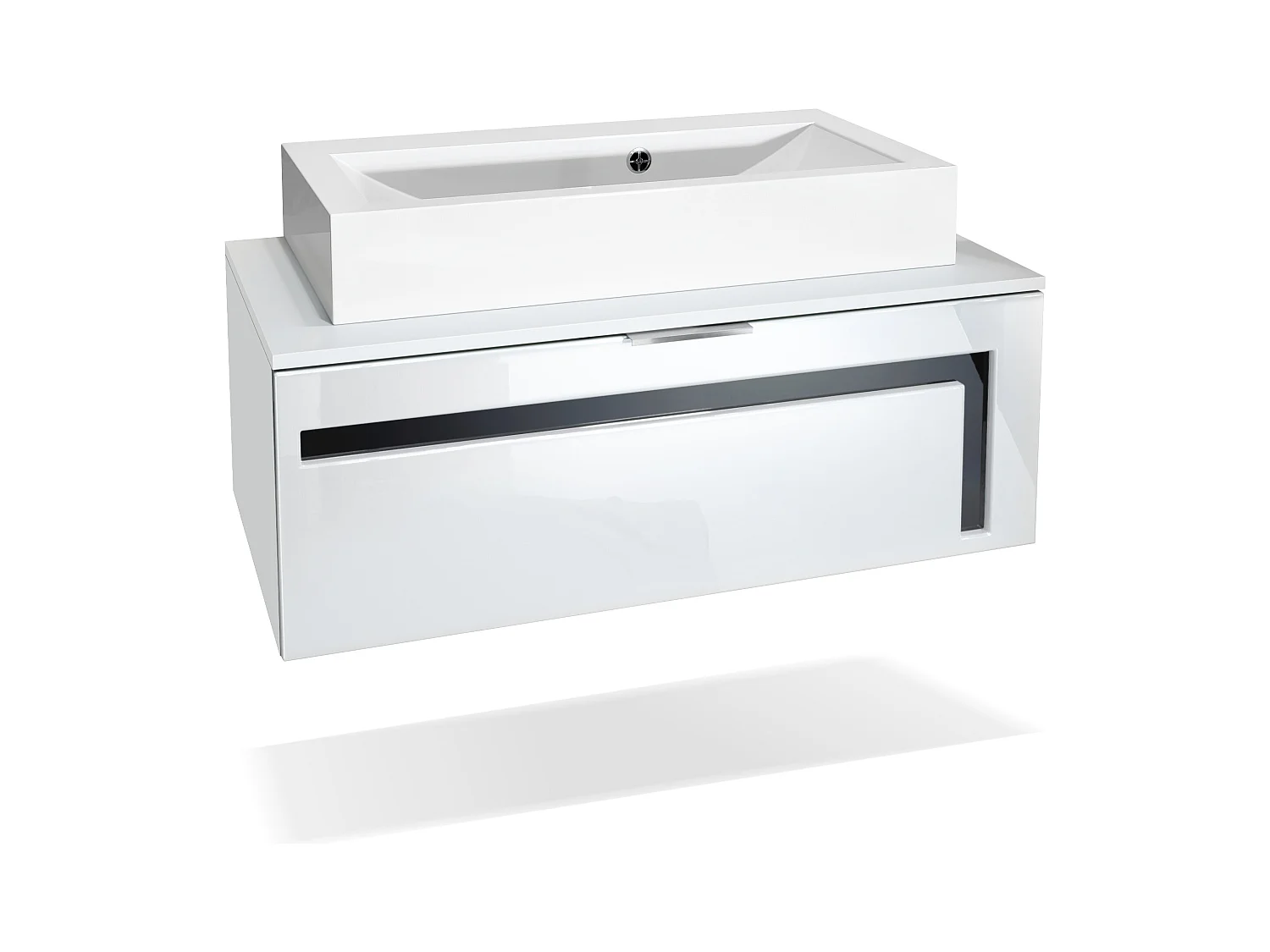 Meuble sous vasque Lavabo Aloha V2, Corps en Blanc mat / Façades en Blanc haute brillance avec un décor en Noir haute brillance, avec Vasque à poser