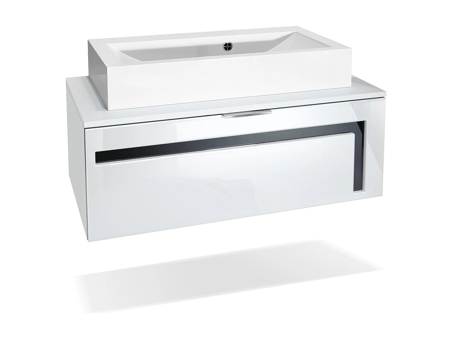 Mobile da bagno Aloha V2, struttura in bianco opaco / frontali in bianco lucido con sfalsature in nero lucido, con lavabo da appoggio