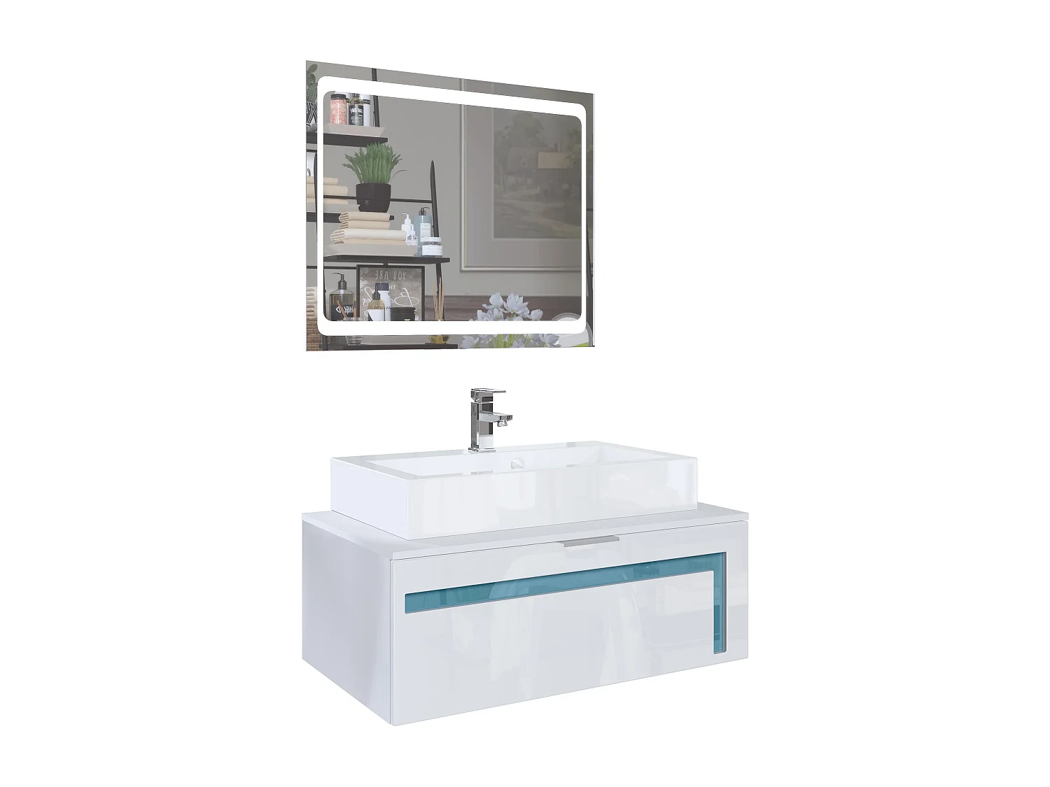 Meuble sous vasque Lavabo Aloha V2, Blanc mat / Façades en Blanc brillant avec un décor en Turquoise brillant, avec Vasque à poser, Robinet (M1) et Miroir LED