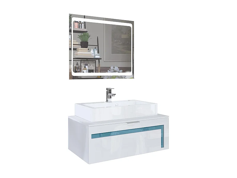 Mueble de Baño Aloha V2, Carcasa en Blanco mate / Frentes en Blanco alto brillo y Offsets en Teal alto brillo con Lavabo sobre encimera, Grifo (M1) y Espejo LED