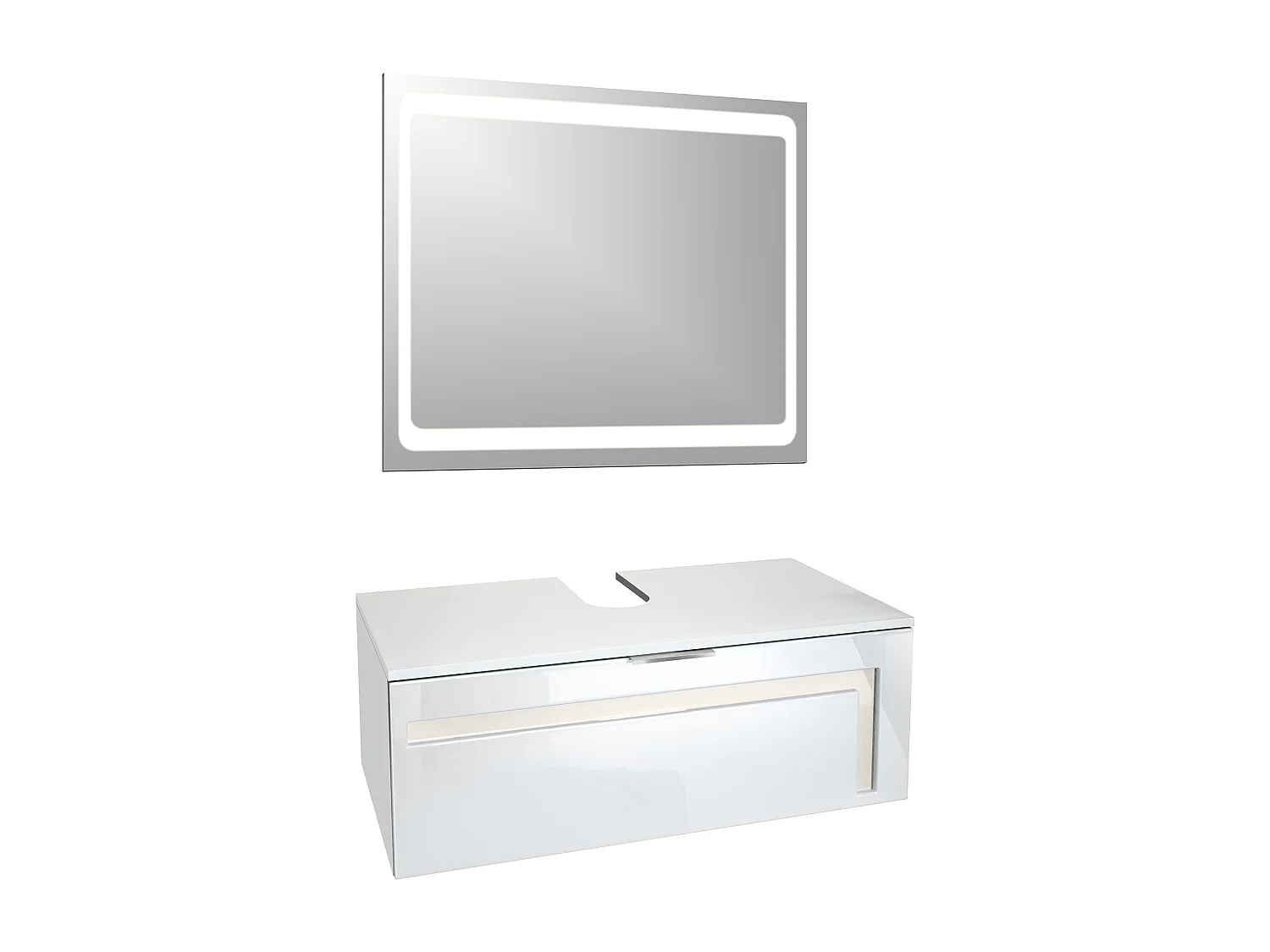 Meuble sous vasque Lavabo Aloha V2, Corps en Blanc mat / Façades en Blanc haute brillance avec un décor en Crème haute brillance, avec Vasque à poser et Miroir LED