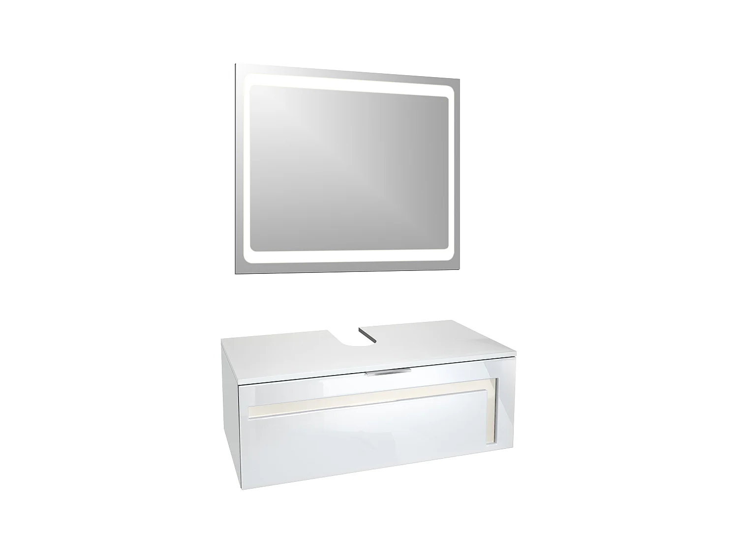 Meuble sous vasque Lavabo Aloha V2, Corps en Blanc mat / Façades en Blanc haute brillance avec un décor en Crème haute brillance, avec Vasque à poser et Miroir LED