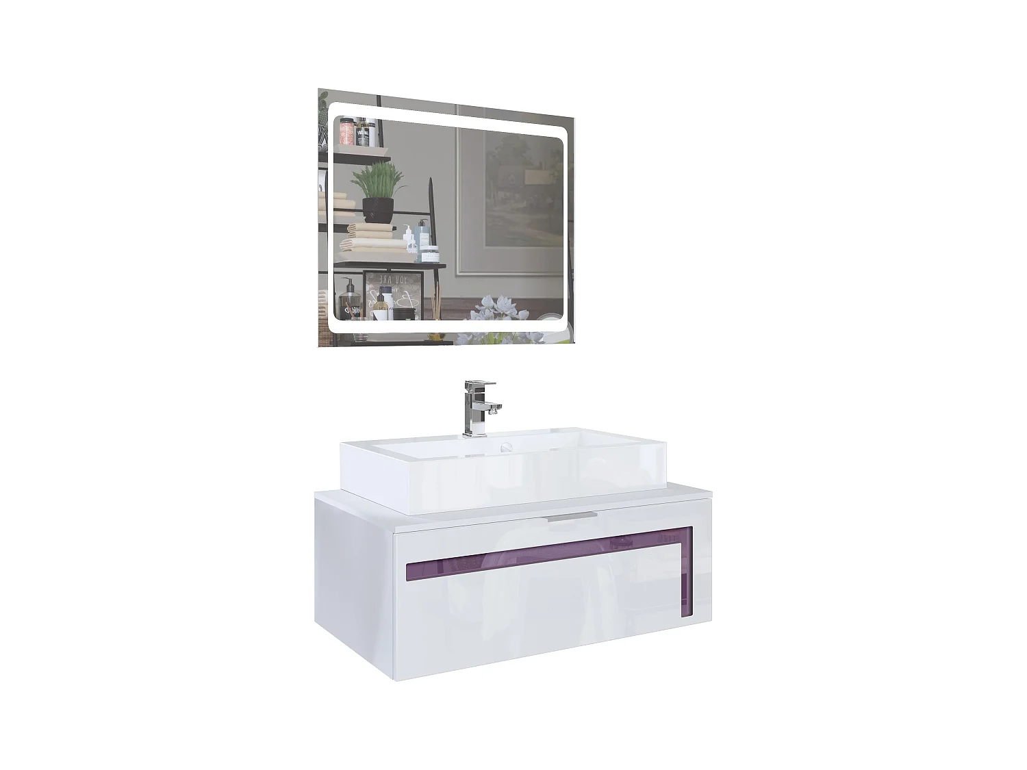 Meuble sous vasque Lavabo Aloha V2, Corps en Blanc mat / Façades en Blanc brillant avec un décor en Mûre brillant, avec Vasque à poser, Robinet (M1) et Miroir LED